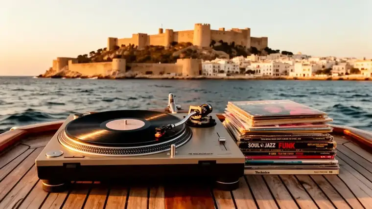 Draaiende vinylplaat. JFK Ibiza speelt sinds 2009 soulful jazz, funk en nu-disco