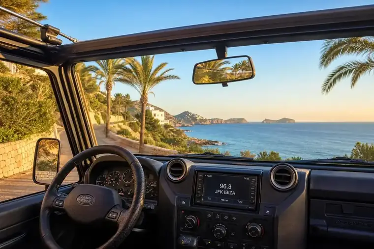 Land Rover Defender met open dak op Ibiza, autoradio afgestemd op 96.3 JFK Ibiza