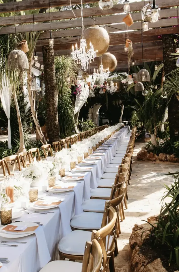 Long wedding dinner table with Ibiza styling